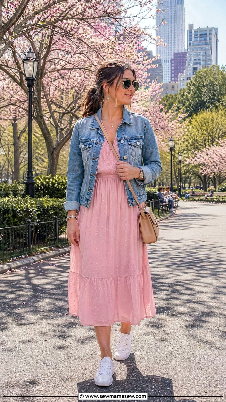 Baby Pink Dress and Denim Jacket Outfit - 35 Spring pink outfit ideas