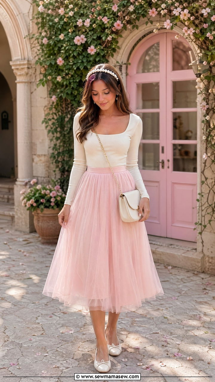 Baby Pink Tulle Midi Skirt with Cream Fitted Bodysuit - 35 Soft girl outfit ideas