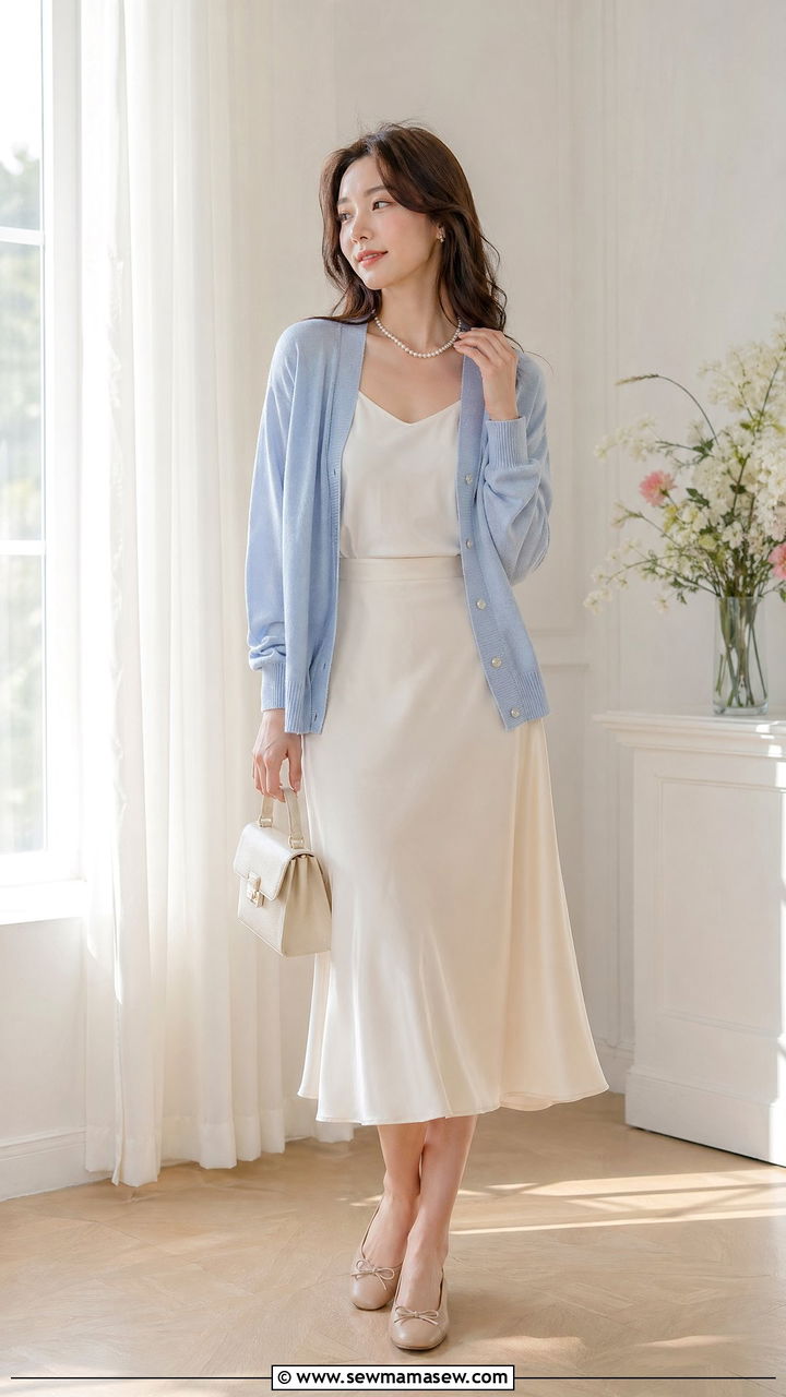 Baby blue cardigan with cream midi skirt - 40 All baby blue outfit ideas