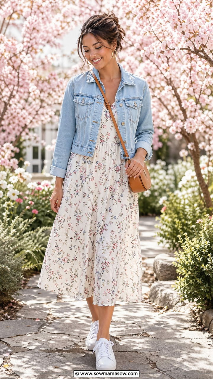 Baby blue denim jacket with floral dress - 40 All baby blue outfit ideas