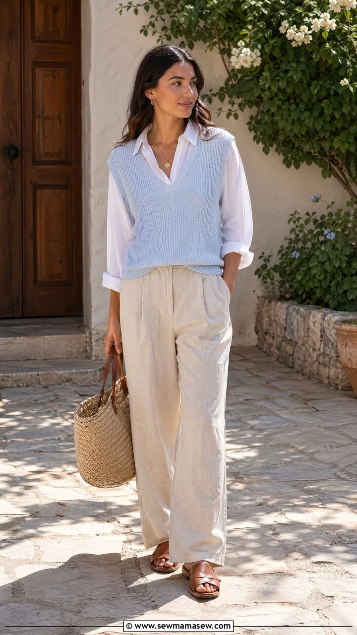 Baby blue knit vest with linen trousers - 40 All baby blue outfit ideas
