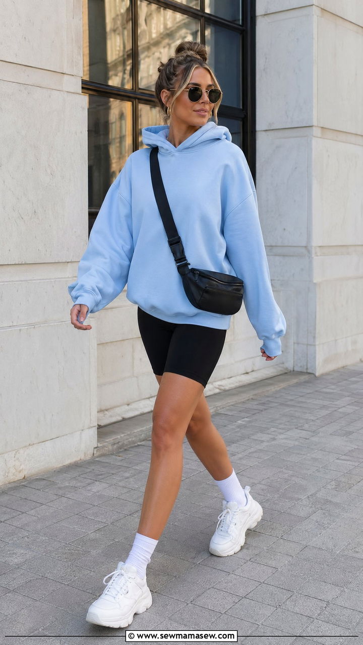 Baby blue oversized hoodie with bike shorts - 40 All baby blue outfit ideas