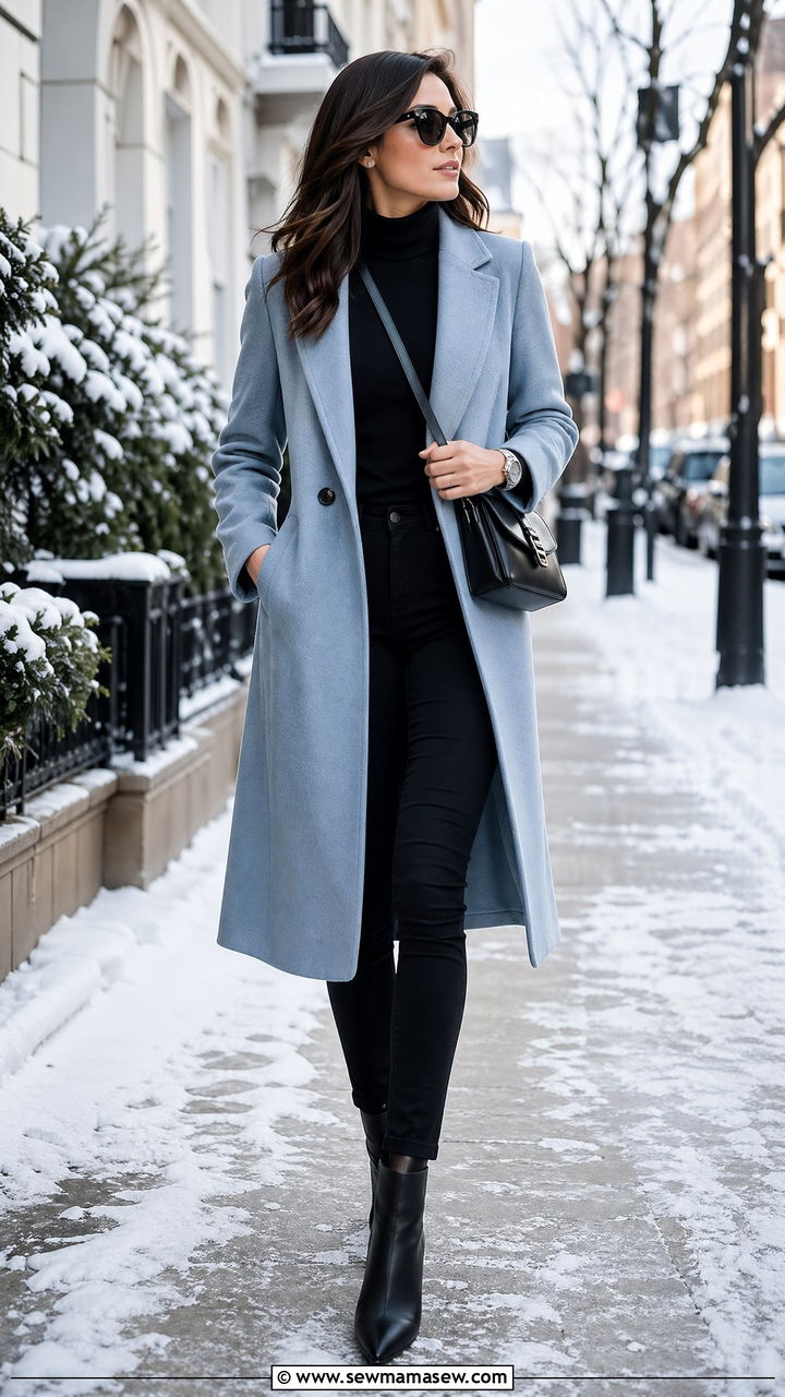 Baby blue wool coat with all black outfit - 40 All baby blue outfit ideas