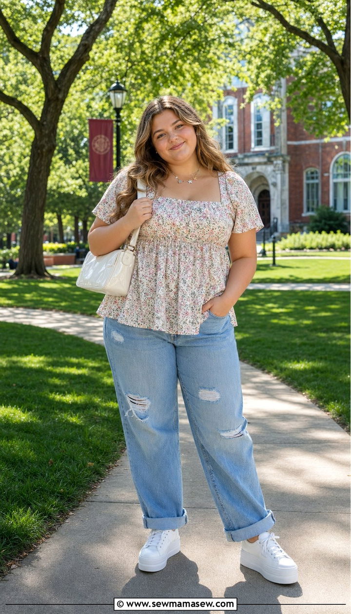 Babydoll top and relaxed boyfriend jeans outfit - 30 Back to school outfit ideas plus size teens