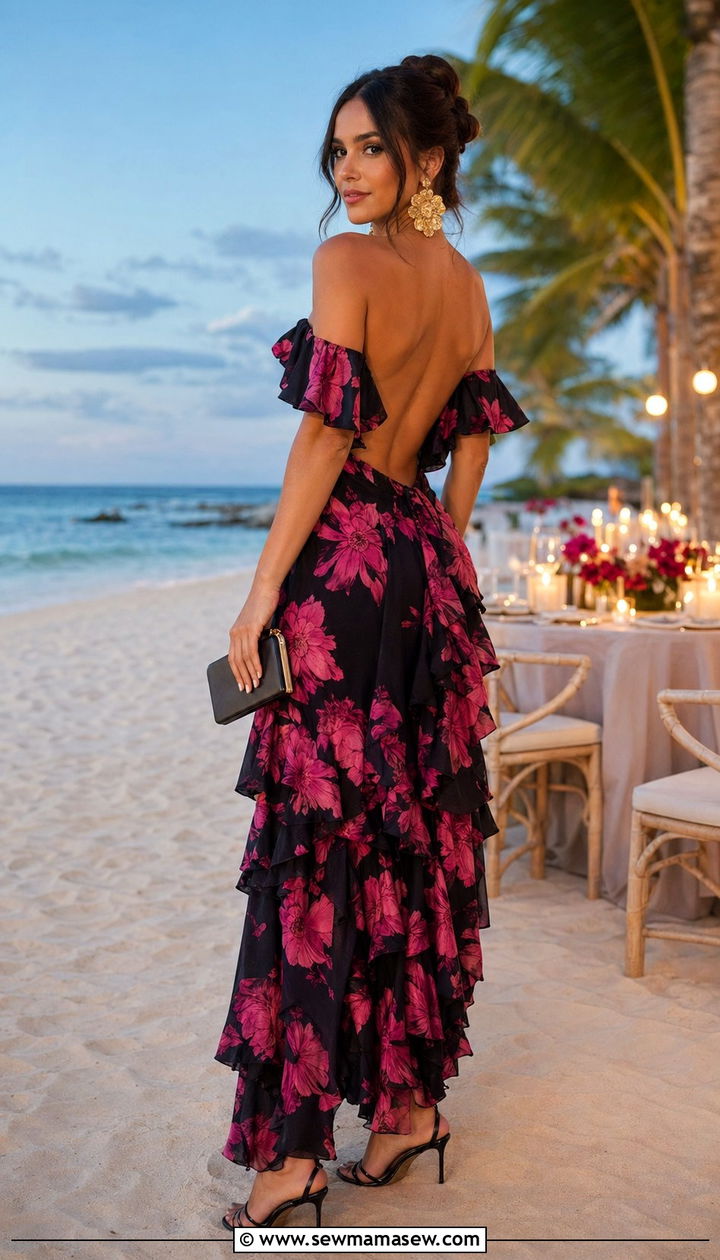 Backless Floral Dress with Statement Earrings - 35 resort vacation outfit ideas for women