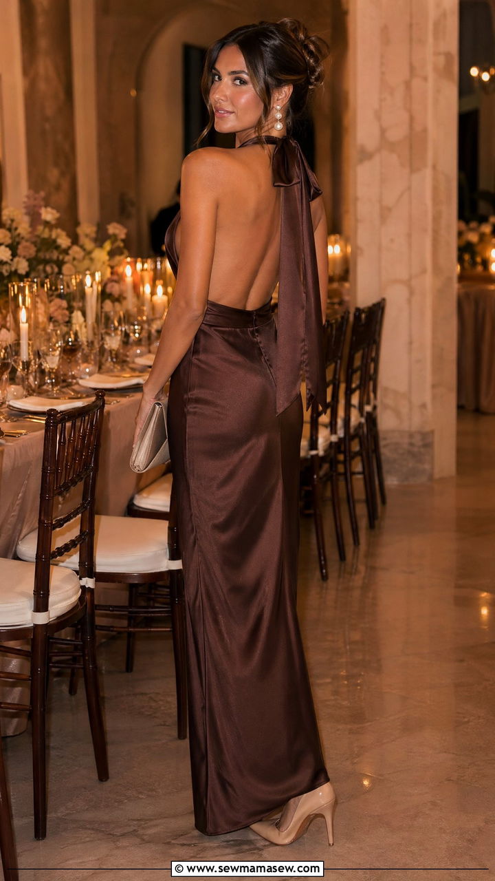 Backless Satin Gown in Chocolate Brown - 35 chic wedding guest outfits for women