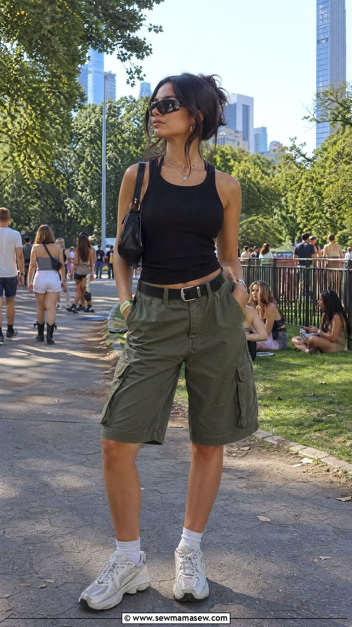 Baggy Cargo Shorts with a Fitted Tank and Chunky Sneakers - 35 Summer outfits for young women
