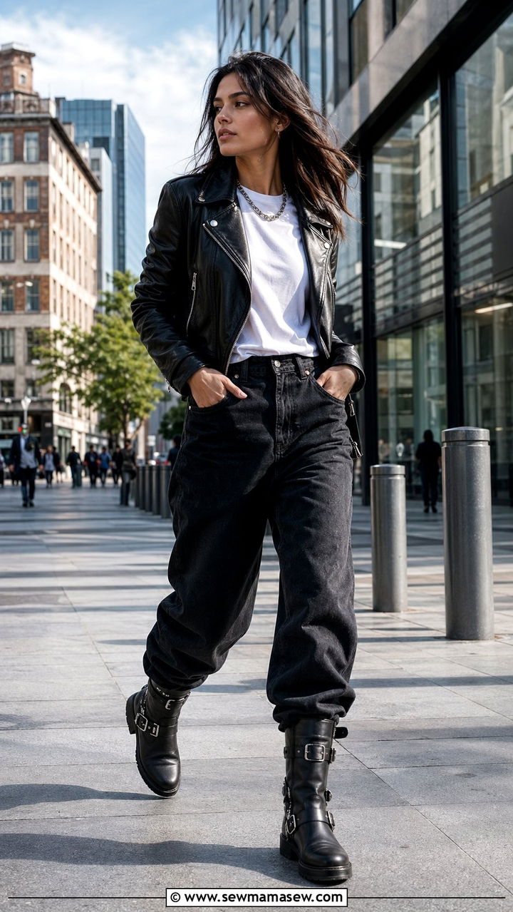Baggy Jeans With Biker Boots And A Leather Jacket - 30 Baggy jeans outfit ideas with boots