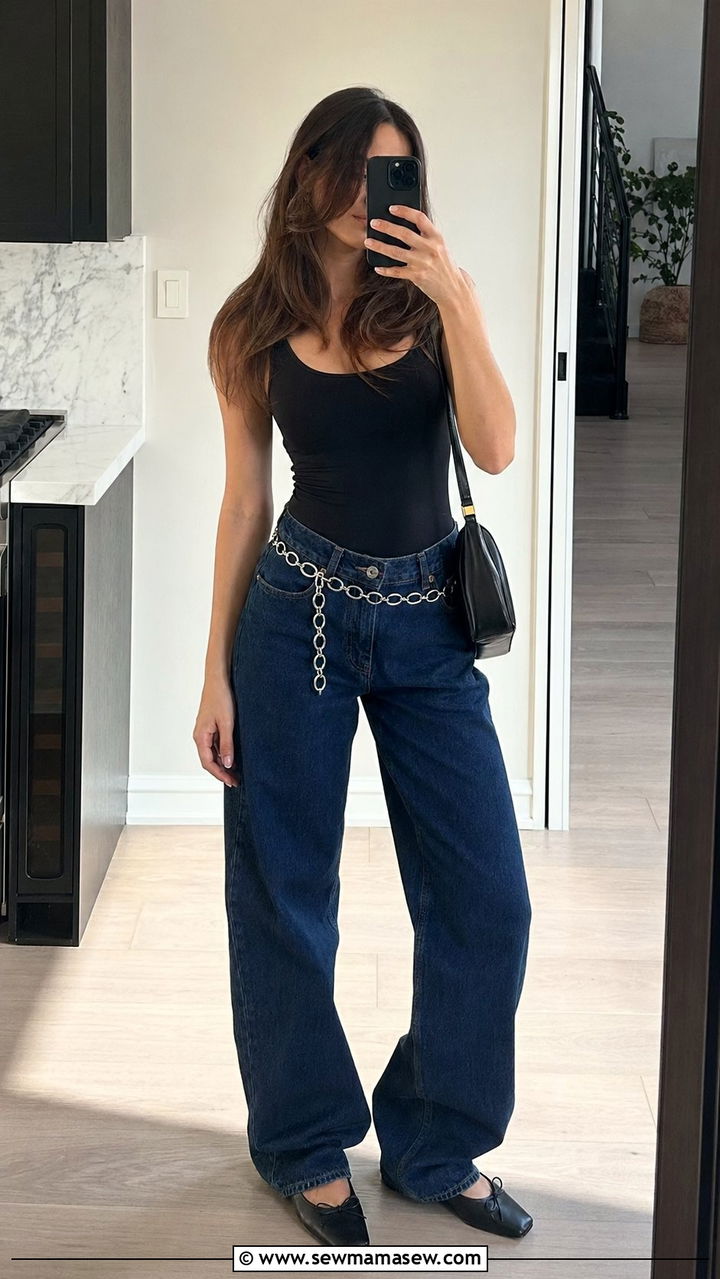 Baggy Jeans With Bodysuit And Square Toe Flats - 30 Baggy jeans outfit ideas with flats