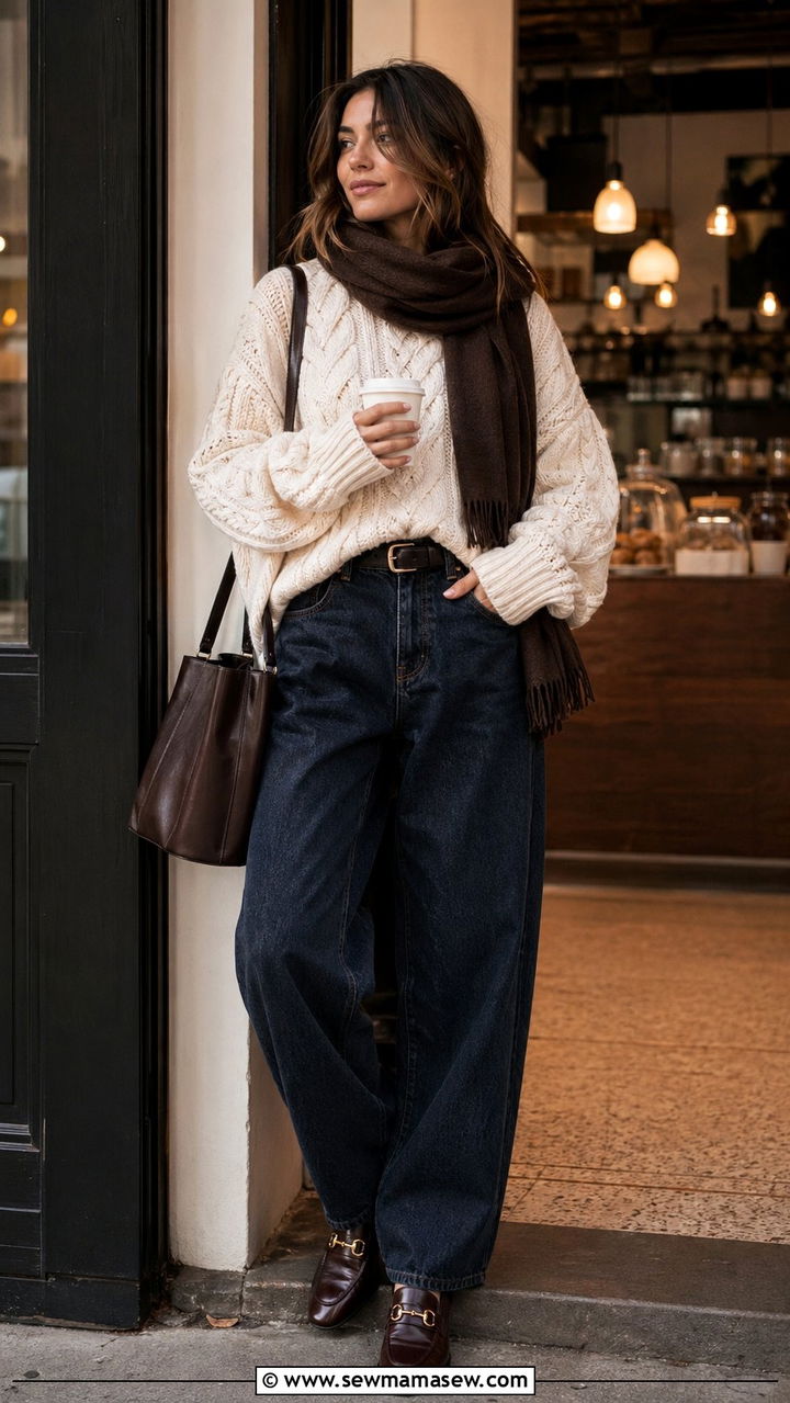 Baggy Jeans With Chunky Knit Sweater And Loafers - 30 Baggy jeans outfit ideas with flats