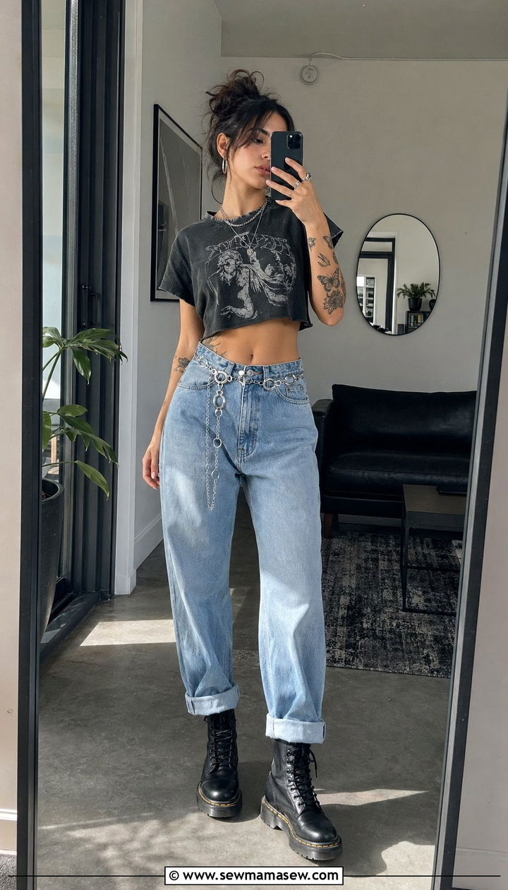 Baggy Jeans With Combat Boots And A Cropped Graphic Tee - 30 Baggy jeans outfit ideas with boots