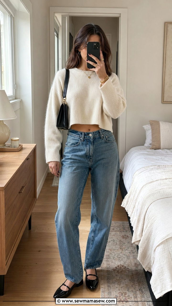 Baggy Jeans With Cropped Sweater And Mary Jane Flats - 30 Baggy jeans outfit ideas with flats