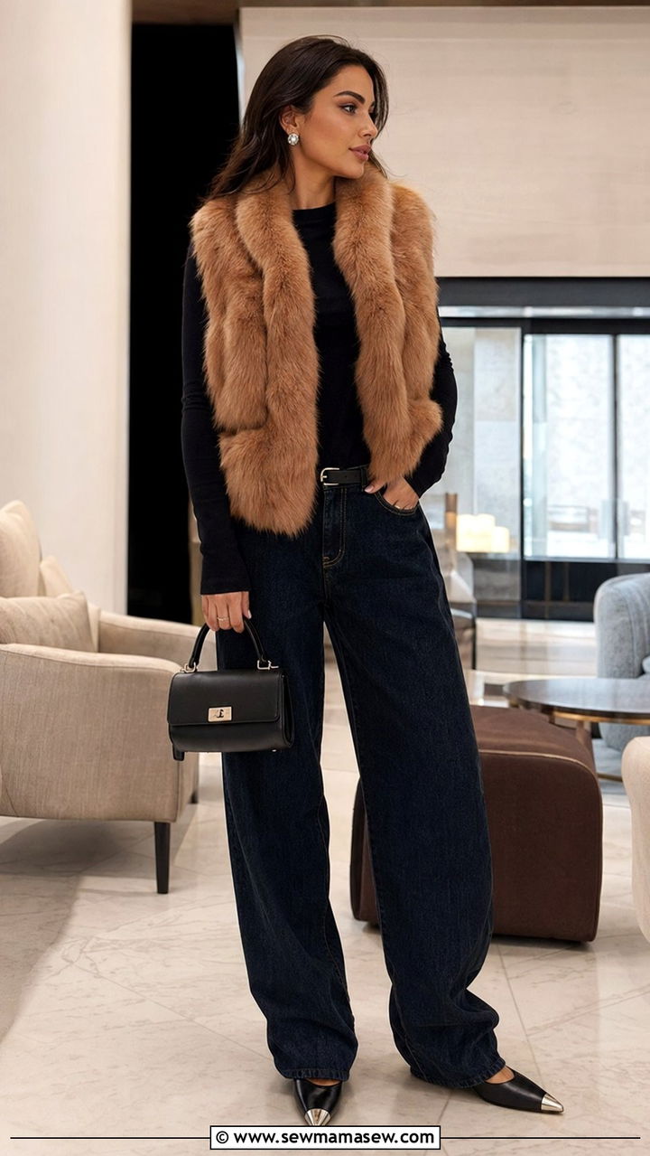 Baggy Jeans With Faux Fur Vest And Pointed Toe Flats - 30 Baggy jeans outfit ideas with flats