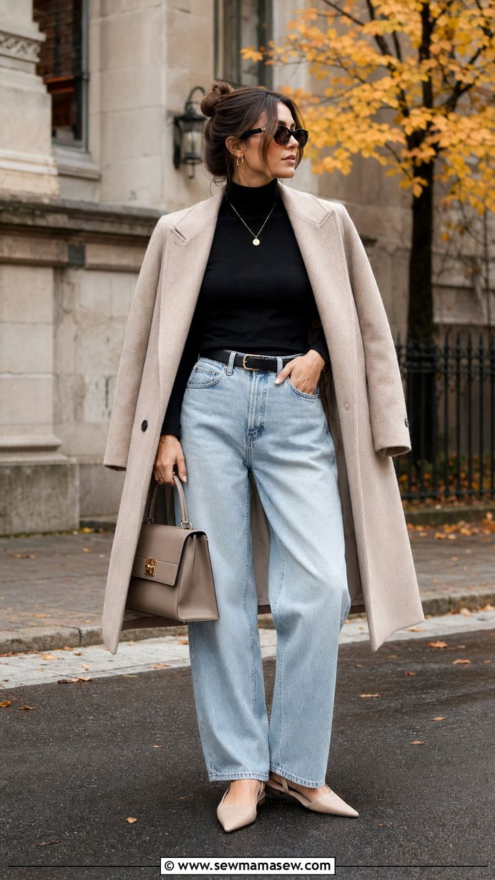 Baggy Jeans With Fitted Turtleneck And Slingback Flats - 30 Baggy jeans outfit ideas with flats