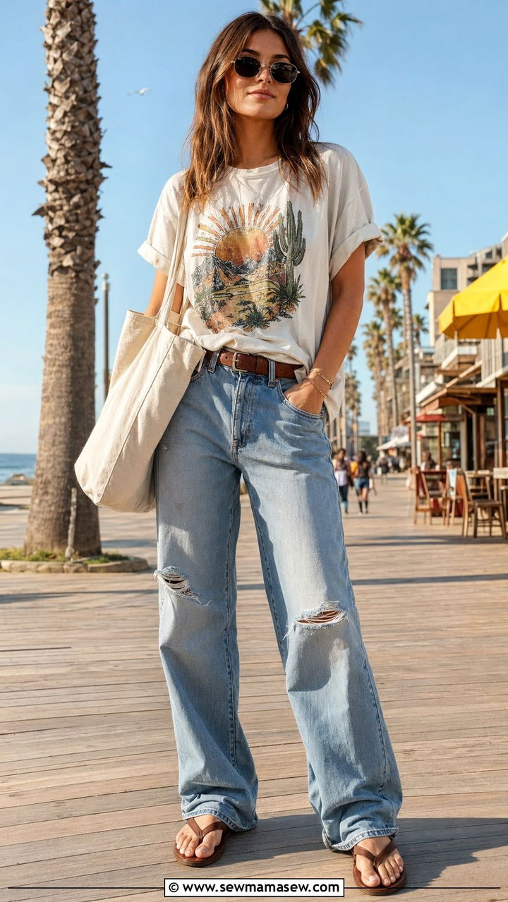 Baggy Jeans With Graphic Tee And Flip Flops - 30 Baggy jeans outfit ideas with flats