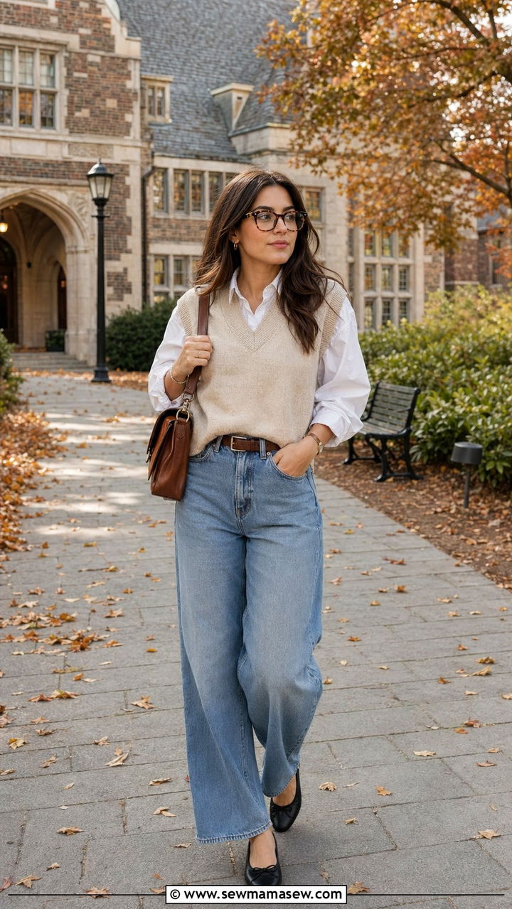 Baggy Jeans With Knit Vest And Ballet Flats - 30 Baggy jeans outfit ideas with flats