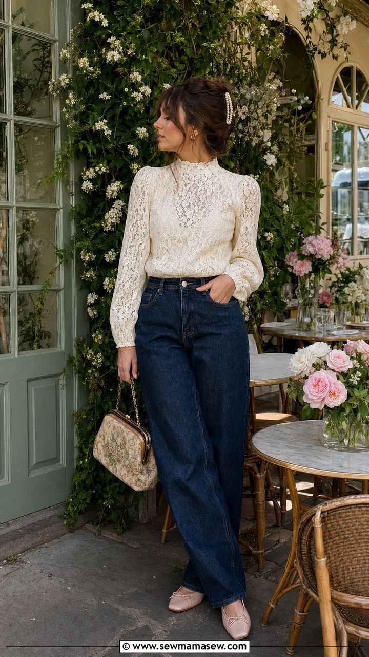 Baggy Jeans With Lace Blouse And Ballet Flats - 30 Baggy jeans outfit ideas with flats
