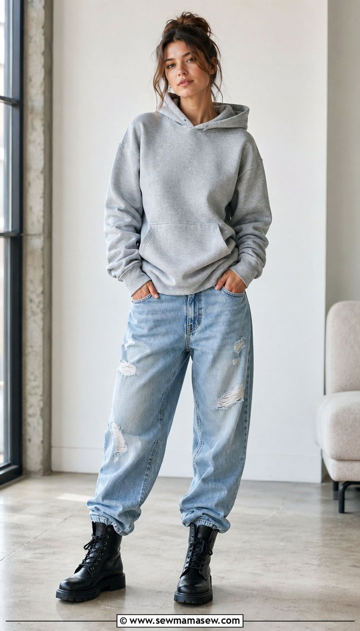 Baggy Jeans With Lace Up Combat Boots And A Cozy Hoodie - 30 Baggy jeans outfit ideas with boots
