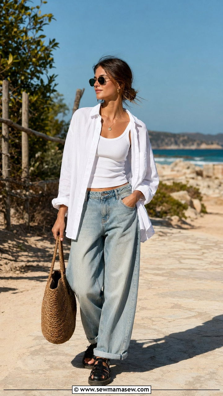 Baggy Jeans With Linen Shirt And Fisherman Sandals - 30 Baggy jeans outfit ideas with flats