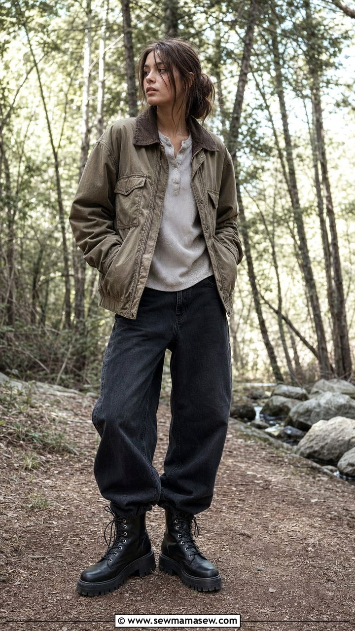 Baggy Jeans With Lug Sole Boots And A Utility Jacket - 30 Baggy jeans outfit ideas with boots