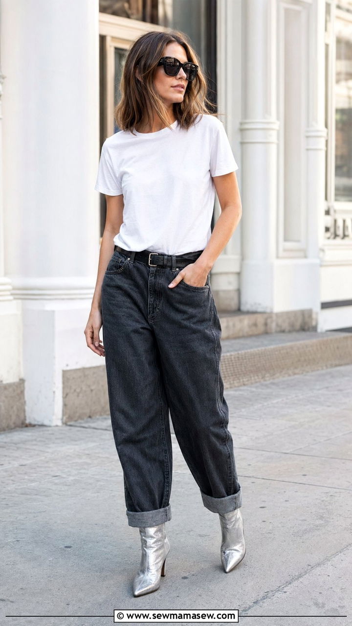 Baggy Jeans With Metallic Boots And A Simple White Tee - 30 Baggy jeans outfit ideas with boots
