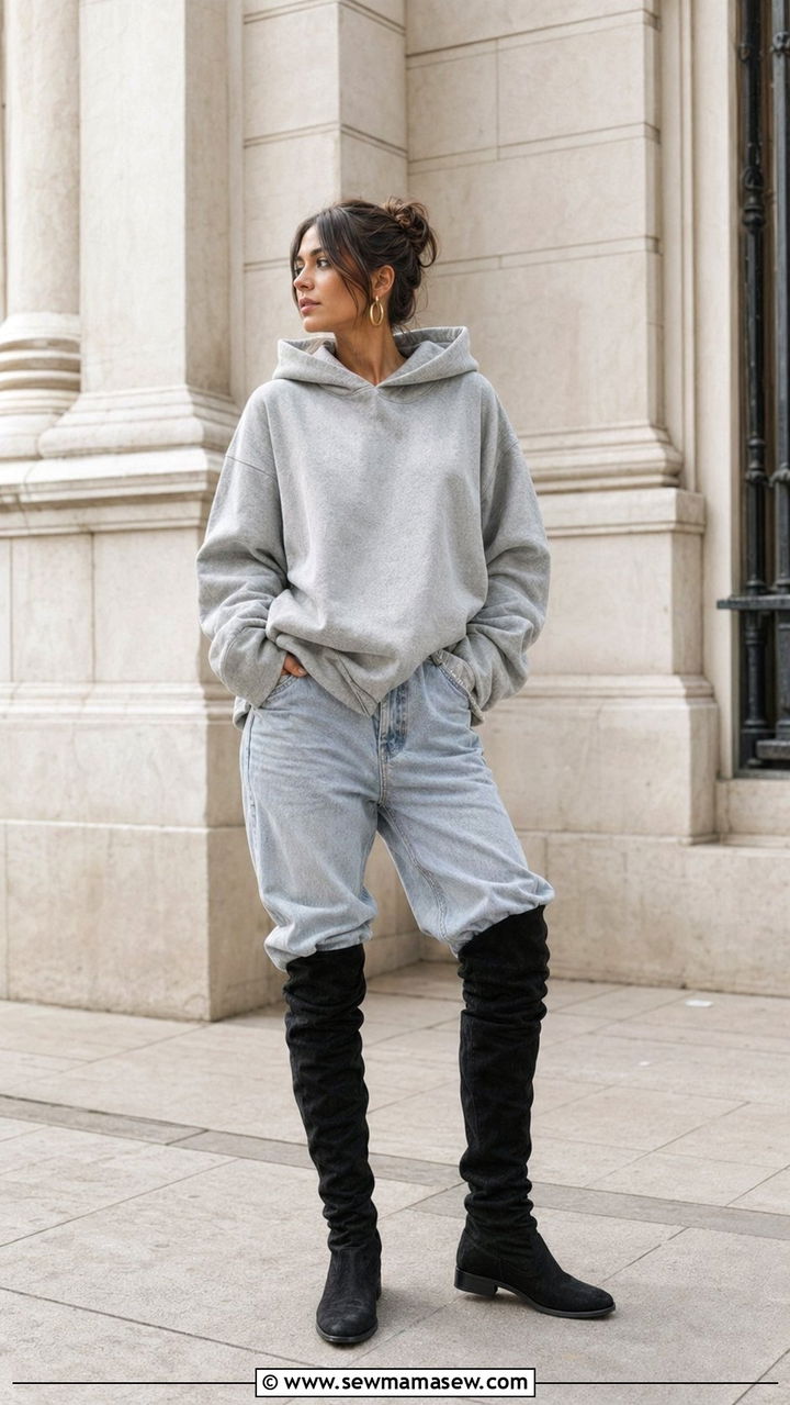 Baggy Jeans With Over The Knee Boots And An Oversized Hoodie - 30 Baggy jeans outfit ideas with boots