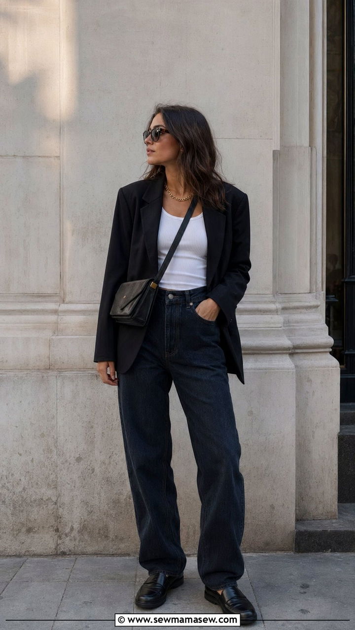 Baggy Jeans With Oversized Blazer And Loafers - 30 Baggy jeans outfit ideas with flats