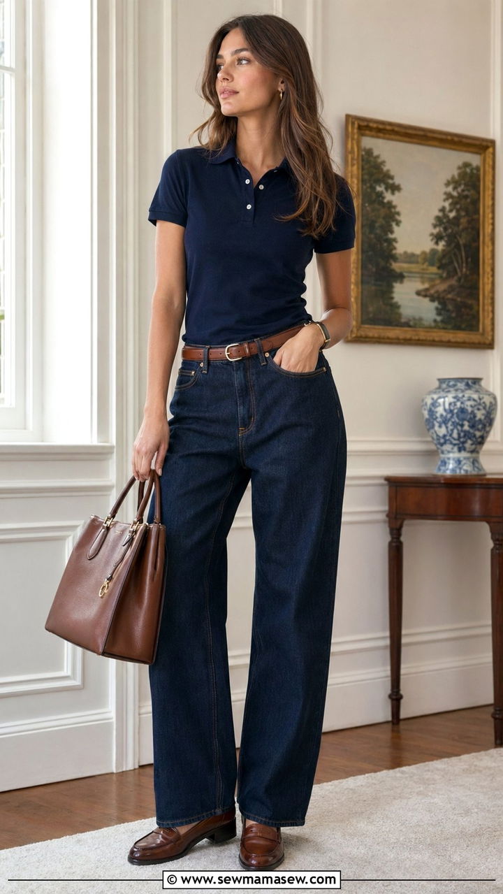 Baggy Jeans With Polo Shirt And Penny Loafers - 30 Baggy jeans outfit ideas with flats