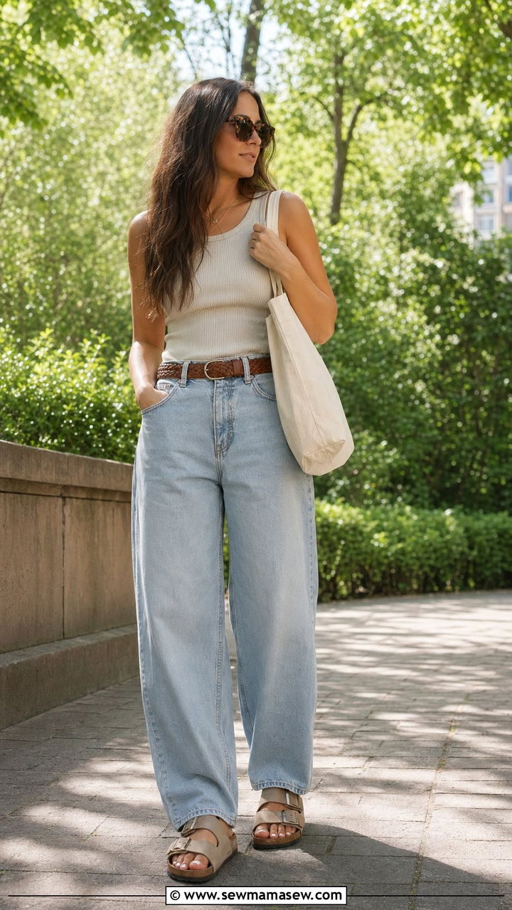 Baggy Jeans With Ribbed Tank And Birkenstock Sandals - 30 Baggy jeans outfit ideas with flats