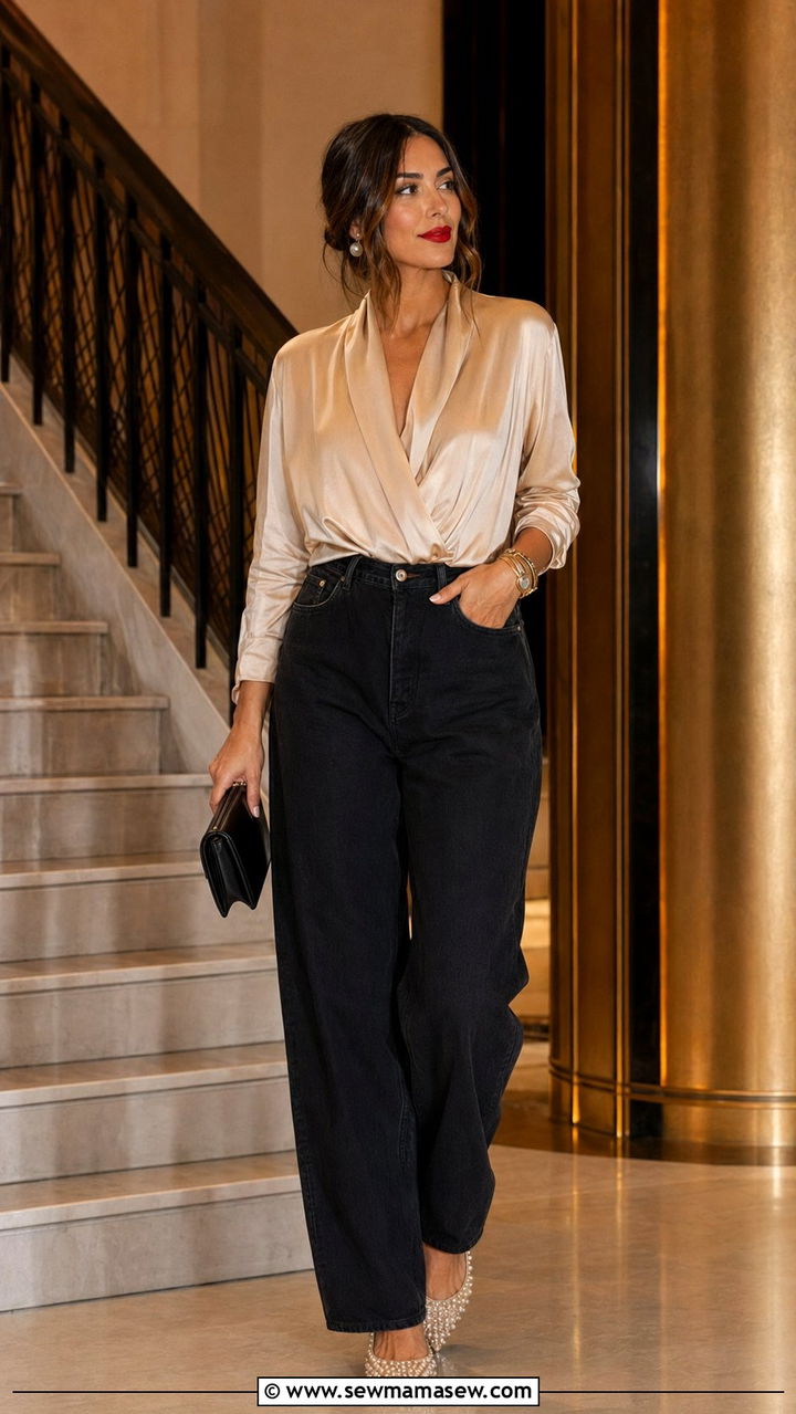 Baggy Jeans With Satin Blouse And Embellished Flats - 30 Baggy jeans outfit ideas with flats