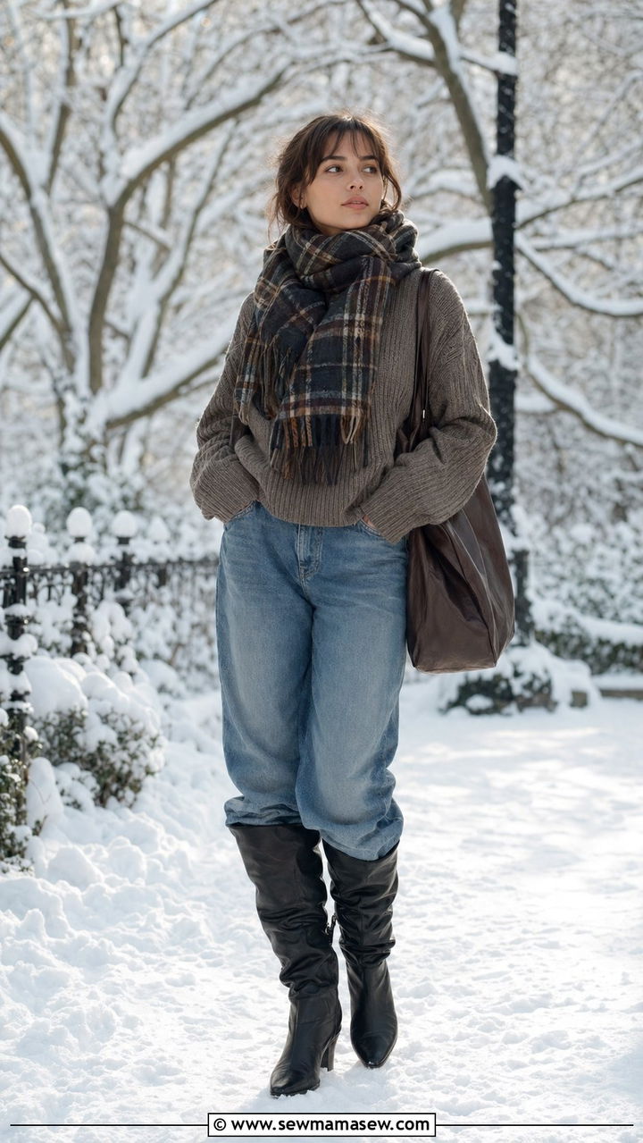 Baggy Jeans With Slouchy Knee High Boots And A Chunky Scarf - 30 Baggy jeans outfit ideas with boots