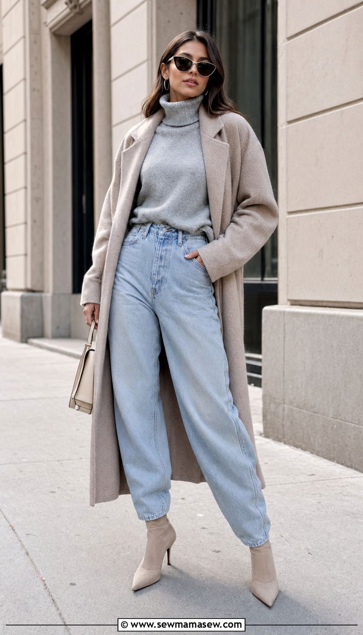 Baggy Jeans With Sock Boots And A Longline Coat - 30 Baggy jeans outfit ideas with boots