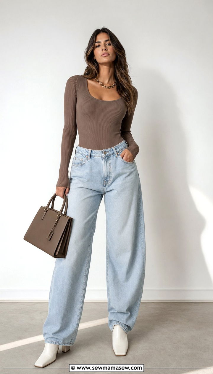 Baggy Jeans With Square Toe Boots And A Ribbed Bodysuit - 30 Baggy jeans outfit ideas with boots