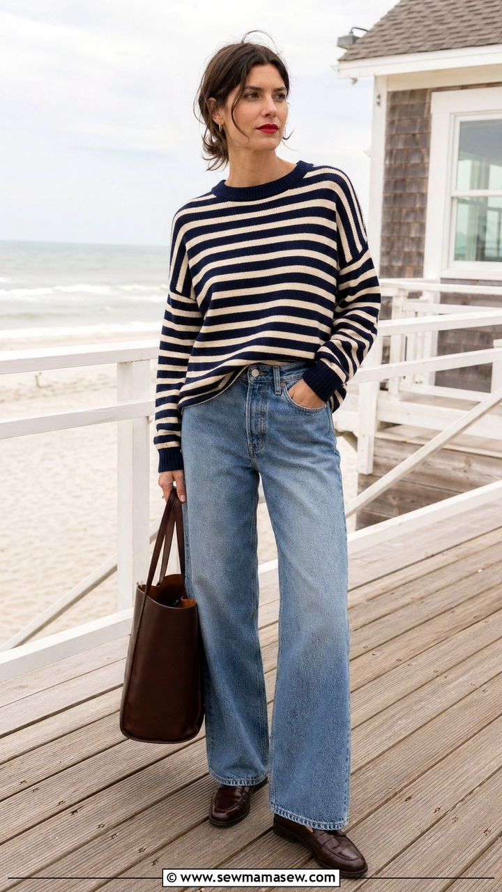 Baggy Jeans With Striped Sweater And Penny Loafers - 30 Baggy jeans outfit ideas with flats