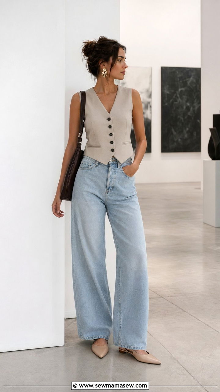 Baggy Jeans With Structured Vest And Slingback Flats - 30 Baggy jeans outfit ideas with flats