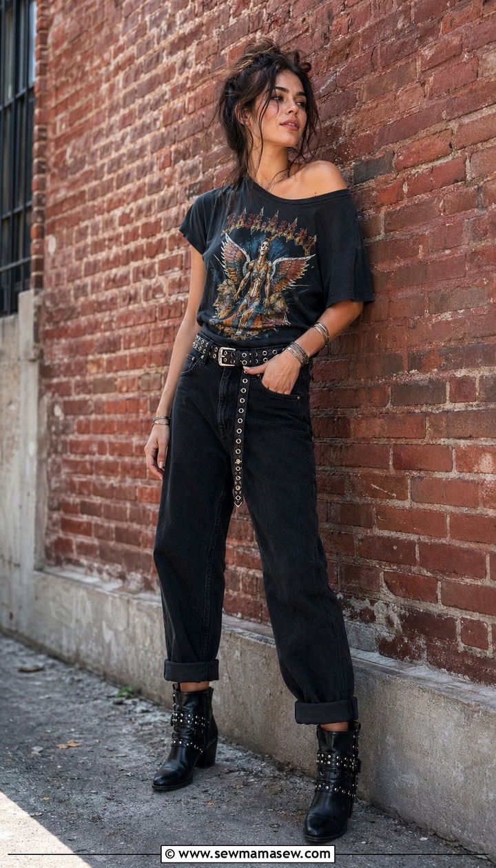 Baggy Jeans With Studded Boots And A Vintage Band Tee - 30 Baggy jeans outfit ideas with boots