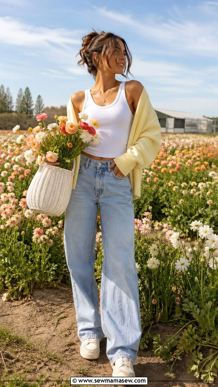 Baggy Jeans With White Top And Pastel Cardigan - 30 Spring flower field photoshoot outfits