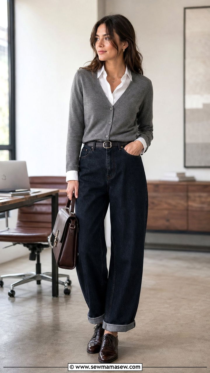 Baggy jeans with a V neck cardigan layered over a button down shirt - 30 Baggy jeans outfit ideas with a cardigan