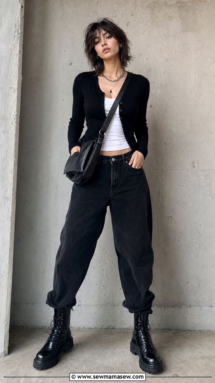 Baggy jeans with a black fitted cardigan and combat boots - 30 Baggy jeans outfit ideas with a cardigan