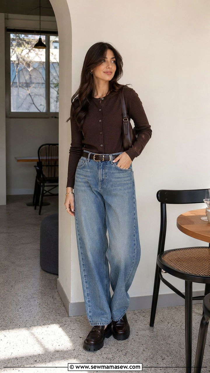 Baggy jeans with a buttoned cardigan as a top and loafers - 30 Baggy jeans outfit ideas with a cardigan