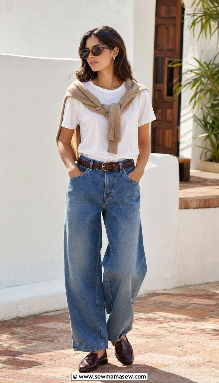 Baggy jeans with a cardigan draped over the shoulders - 30 Baggy jeans outfit ideas with a cardigan