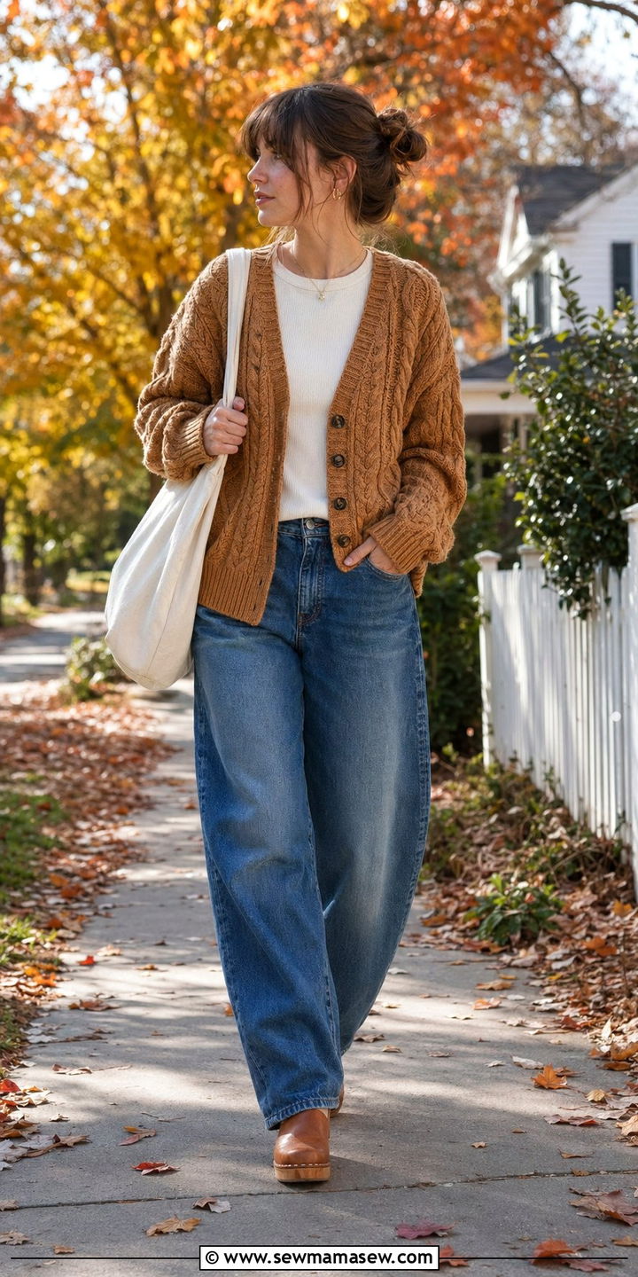 Baggy jeans with a chunky knit cardigan and clogs - 30 Baggy jeans outfit ideas with a cardigan
