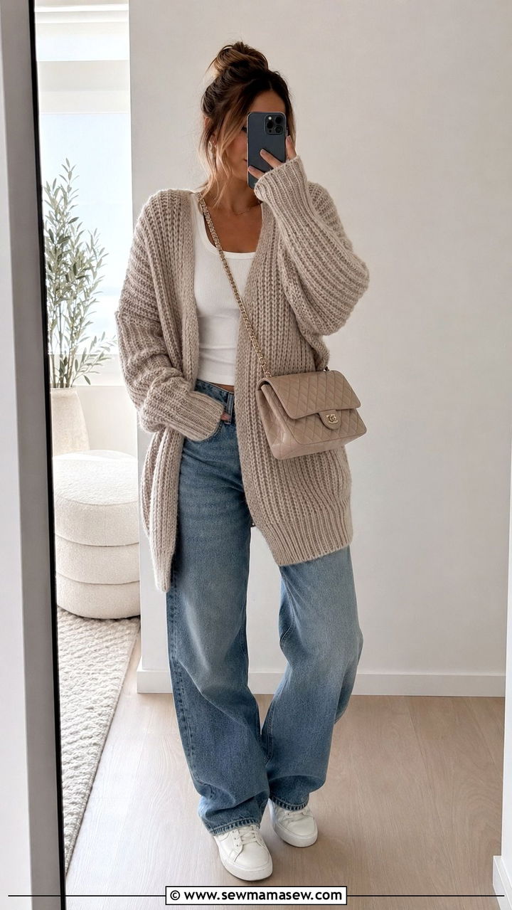 Baggy jeans with a chunky oversized cardigan and sneakers - 30 Baggy jeans outfit ideas with a cardigan