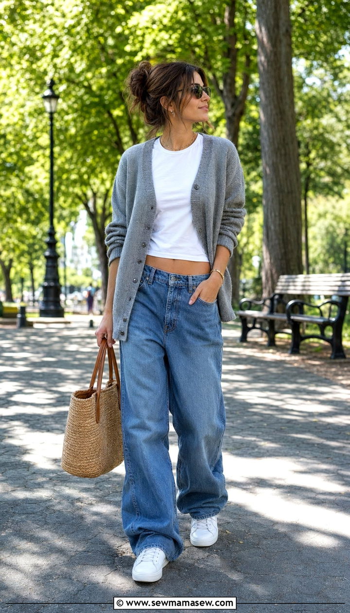 Baggy jeans with a grey cardigan and white sneakers - 30 Baggy jeans outfit ideas with a cardigan