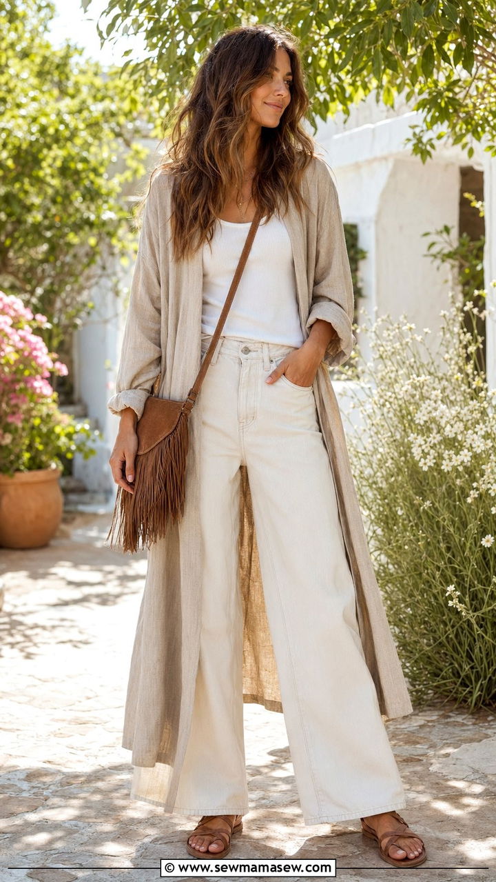 Baggy jeans with a long duster cardigan and strappy sandals - 30 Baggy jeans outfit ideas with a cardigan