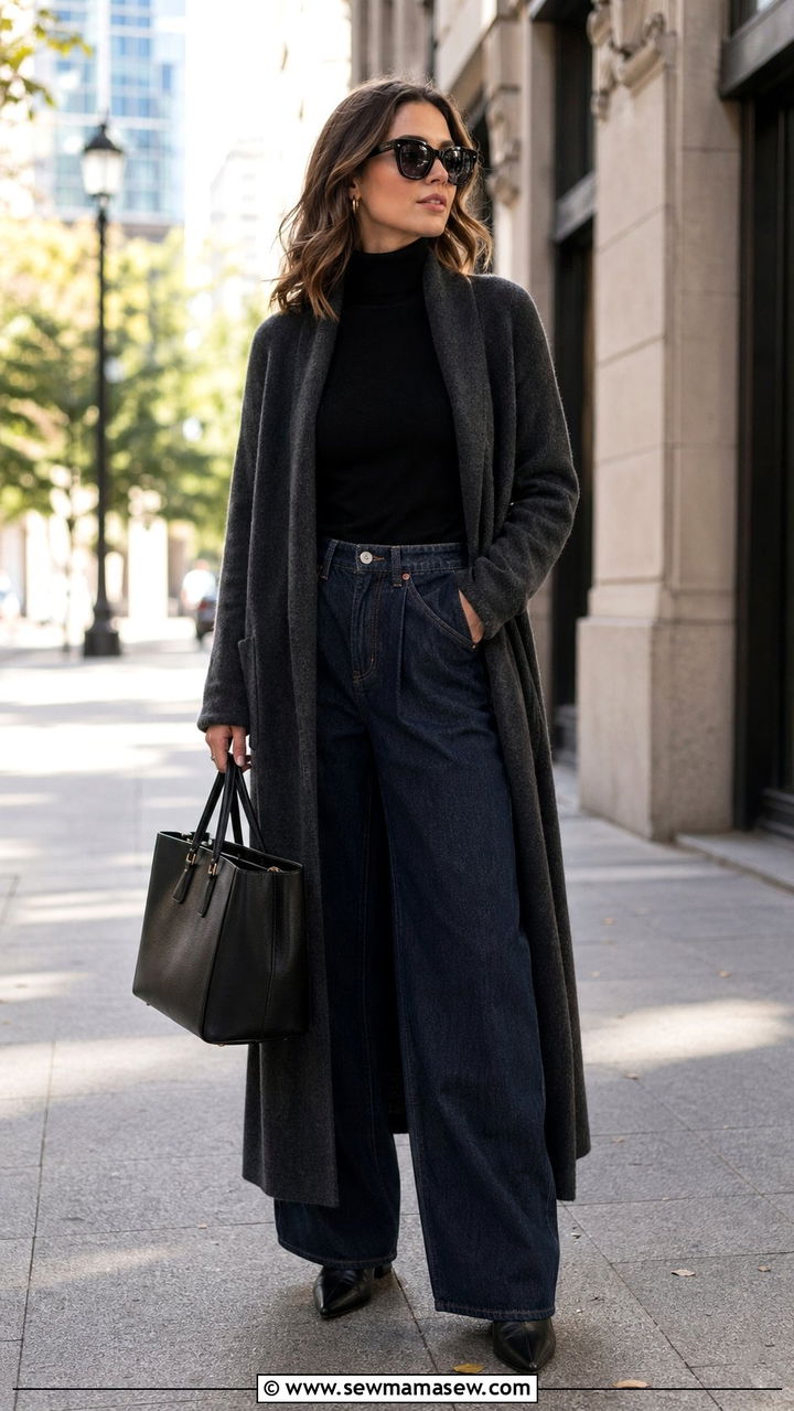 Baggy jeans with a longline cardigan and pointed toe boots - 30 Baggy jeans outfit ideas with a cardigan