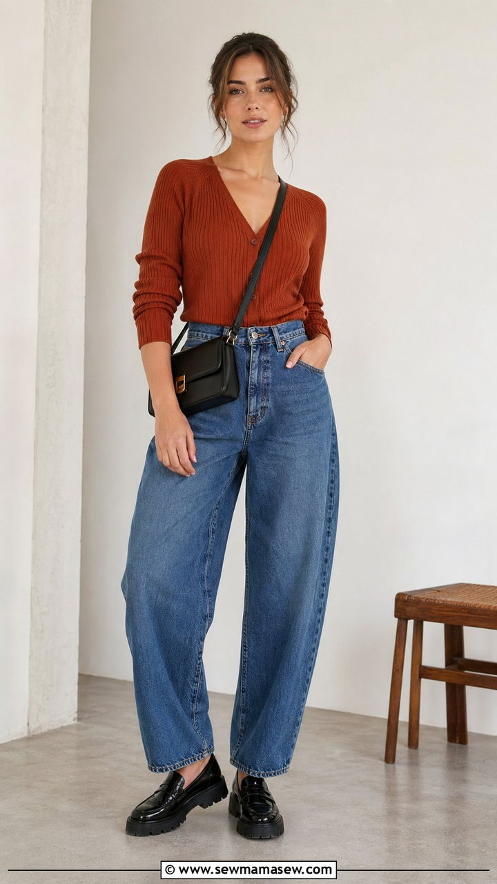 Baggy jeans with a ribbed cardigan and lug sole loafers - 30 Baggy jeans outfit ideas with a cardigan