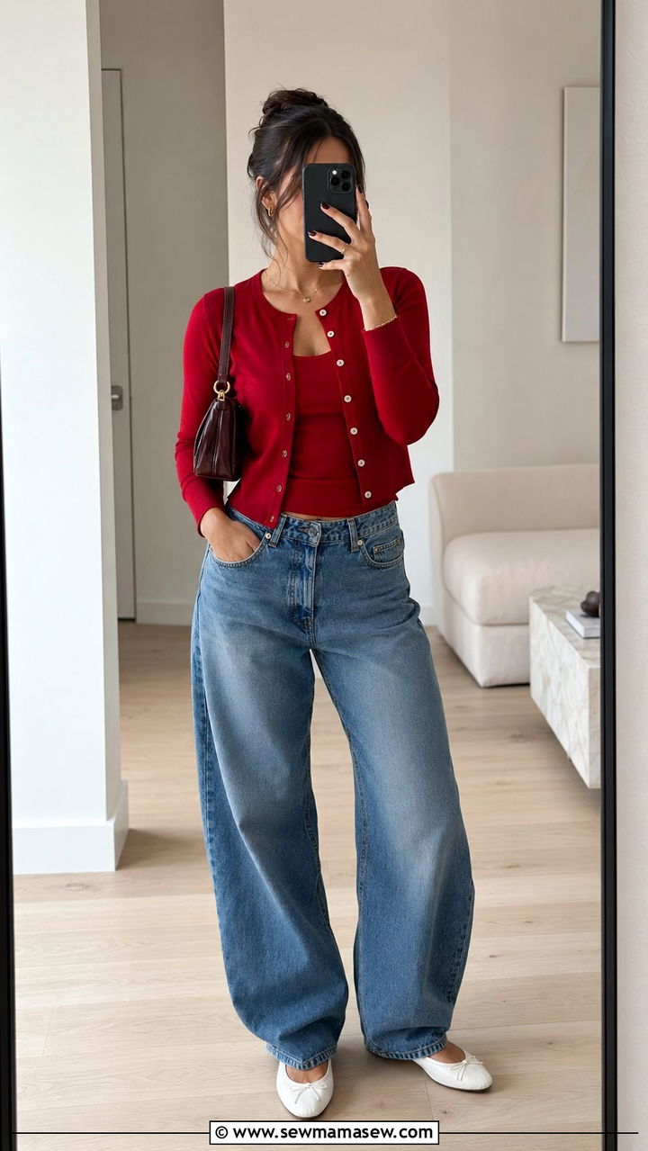 Baggy jeans with a shrunken cardigan and barrel leg denim - 30 Baggy jeans outfit ideas with a cardigan