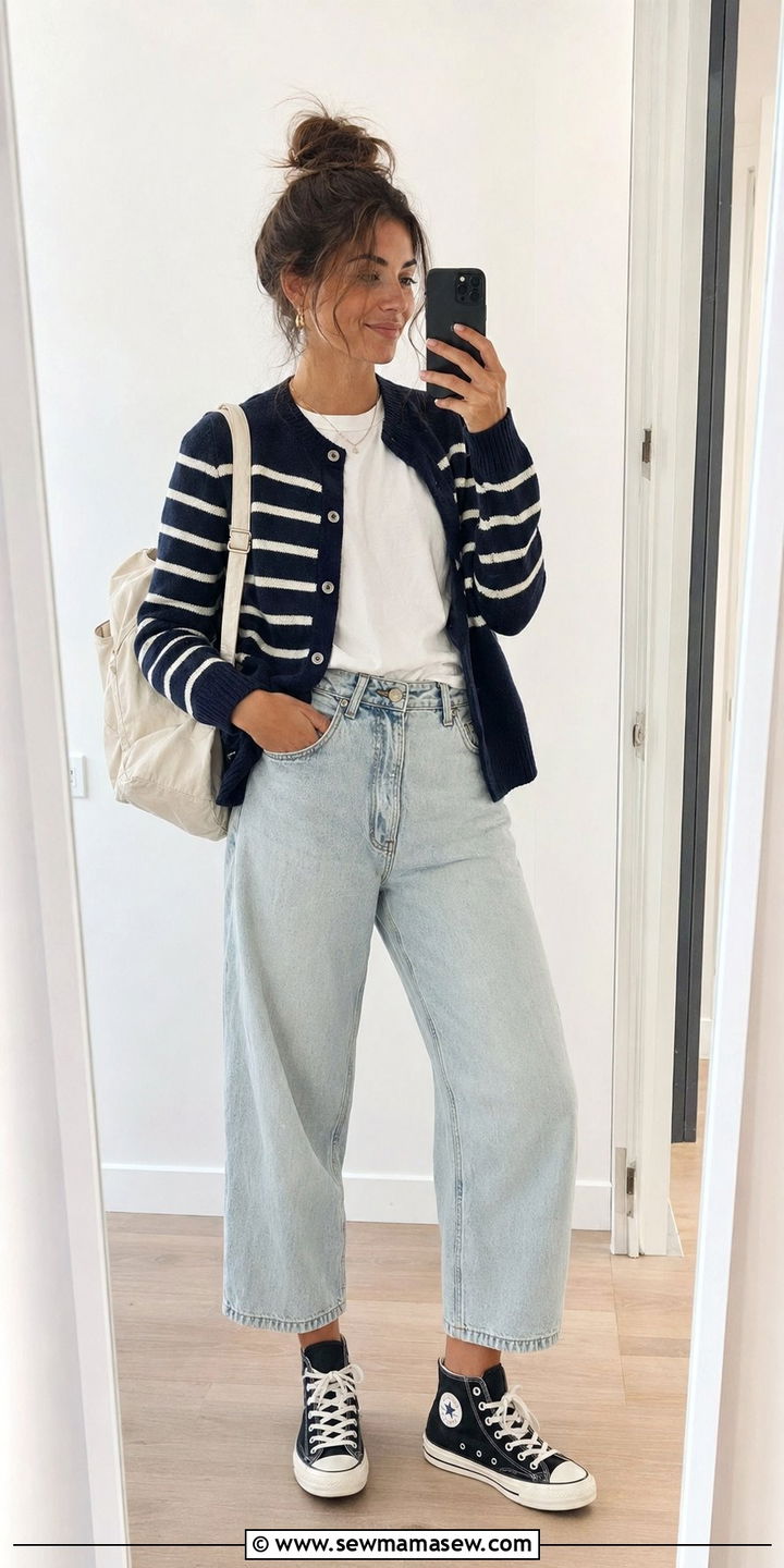 Baggy jeans with a striped cardigan and Converse sneakers - 30 Baggy jeans outfit ideas with a cardigan