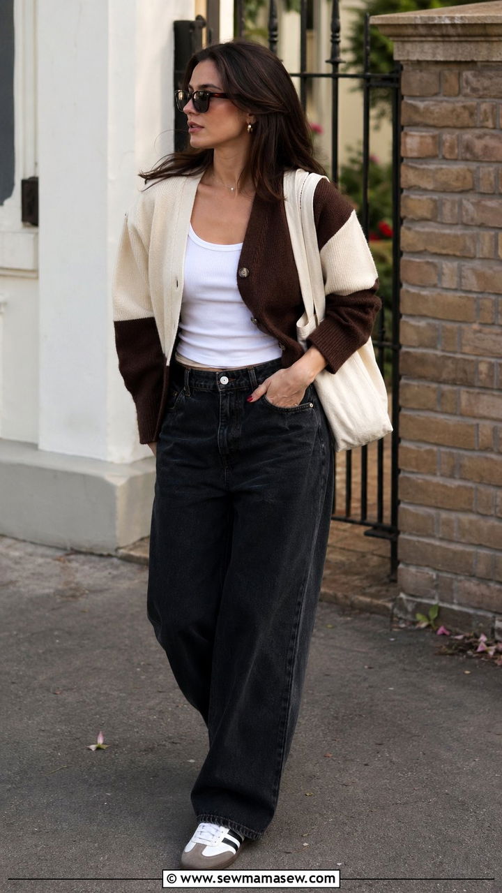 Baggy jeans with a two tone cardigan and retro sneakers - 30 Baggy jeans outfit ideas with a cardigan